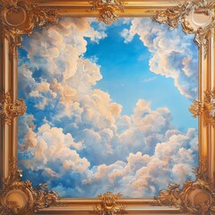 Ethereal Sky Mural: Dramatic Blue Heavens with Baroque-Inspired Frame. Celestial Ceiling Art for Spiritual and Cultural Decor. AI-Generated 4K Wallpaper Perfect for Religious Themes, Aesthetic Interio