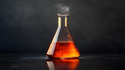 Bromine in a Flask: A laboratory flask filled with reddish-brown bromine liquid, with vapor rising and detailed reflections on the glass surface. 
