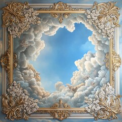 Ethereal Sky Mural: Dramatic Blue Heavens with Baroque-Inspired Frame. Celestial Ceiling Art for Spiritual and Cultural Decor. AI-Generated 4K Wallpaper Perfect for Religious Themes, Aesthetic Interio