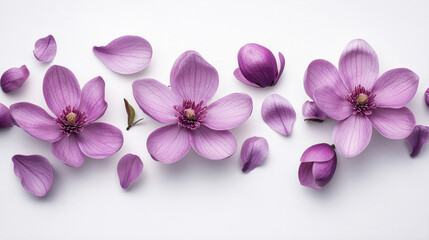 Purple magnolia branches and petals on a clean white background.
