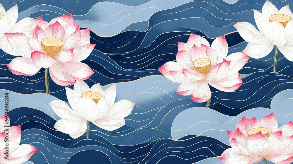 Wall mural Watercolor Illustration of Pink and White Lotus Flowers on Abstract Blue and Gold Waves