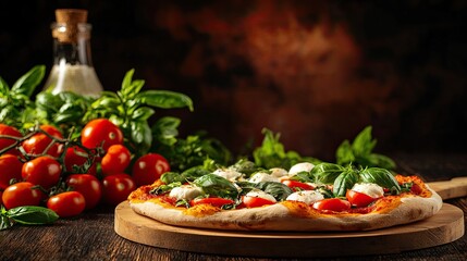Delicious pizza topped with fresh basil and tomatoes, presented on a wooden board with a rustic background.