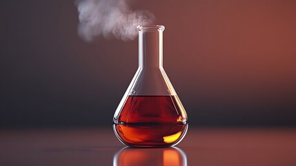 Bromine in a Flask: A laboratory flask filled with reddish-brown bromine liquid, with vapor rising and detailed reflections on the glass surface. 
