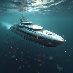 Fototapeta premium Intricate and ethereal digital art ship weight cargo vector serves as a sleek and modern yacht, equipped with high-tech tools and cables. Its sleek body and metallic exterior gleam in the light, while