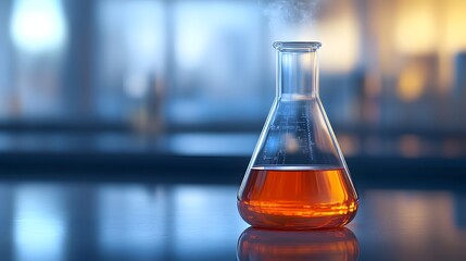 Bromine in a Flask: A laboratory flask filled with reddish-brown bromine liquid, with vapor rising and detailed reflections on the glass surface. 
