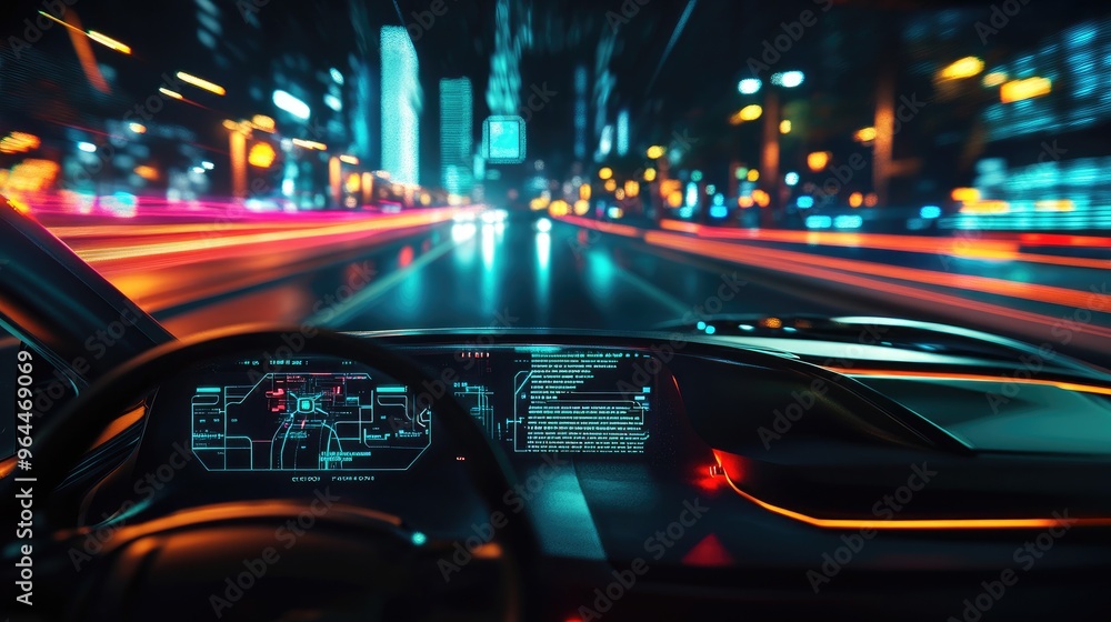 Poster nighttime drive in a futuristic car with a detailed hud and iot-connected technology, emphasizing sm