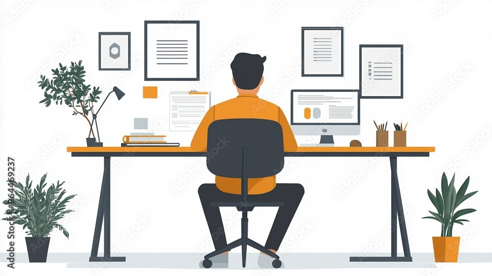 Poster man working at office desk with computer and plants illustrations
