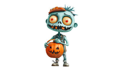 Obraz premium Playful Cartoon Zombie in Halloween Costume with Pumpkin Basket on White Background 
