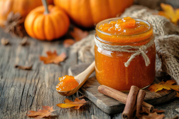 A jar of vibrant pumpkin jam on a rustic table, surrounded by cinnamon sticks and autumn leaves.