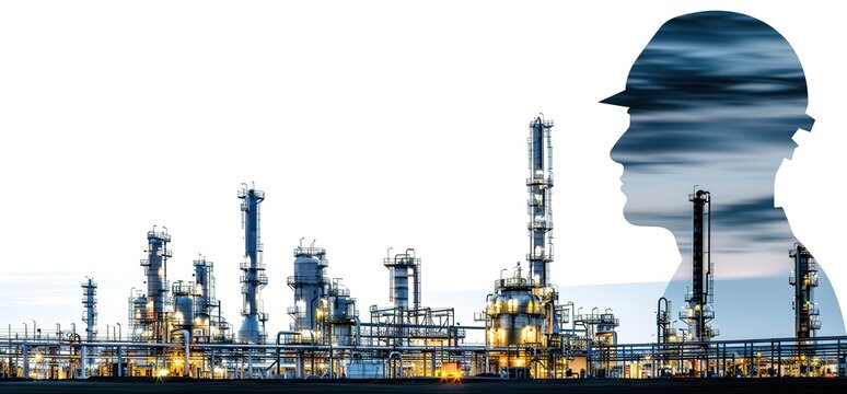 Double exposure image of a construction worker and a chemical plant. The worker wears a hardhat and is silhouetted against a cloudy sky.