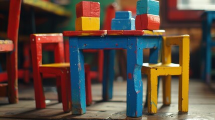 Play Table and Chairs: A small table set with matching chairs, designed for activities like drawing, crafting, or block play, perfect for kids' creativity and fun.
