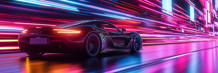 A vibrant sports car speeds through a neon-lit tunnel, showcasing bold colors and dynamic motion...