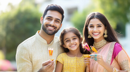 Obraz premium happy indian family celebrating diwali festival together