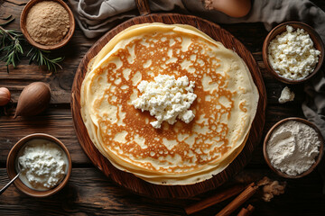 Delicate Russian blini topped with creamy cottage cheese on a rustic wooden table in a cozy kitchen setting