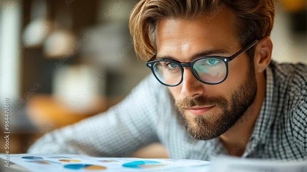 Poster focused man with spectacles analyzing data charts in cozy indoor setting