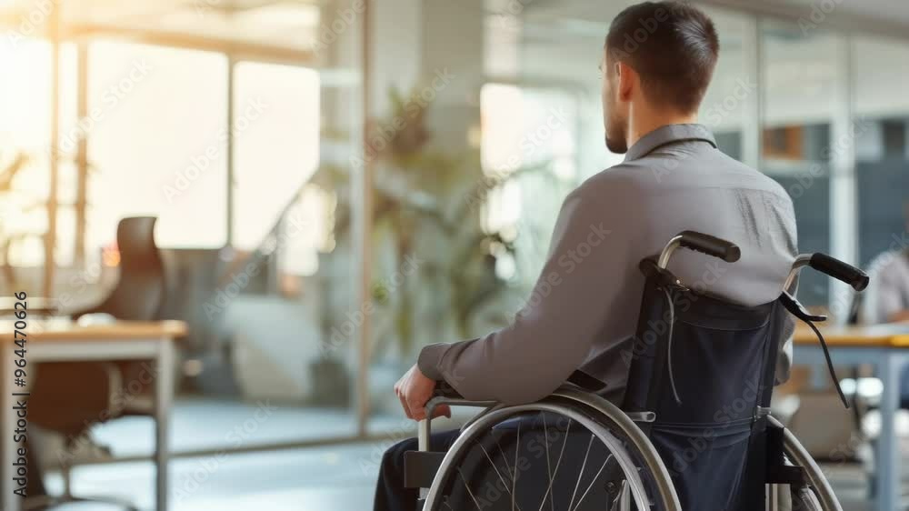 Poster Man in a wheelchair observing the office space, sunlight streaming through the windows. Represents accessibility and independence.