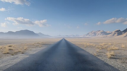 A long, straight road through a desert landscape with mountains in the background.