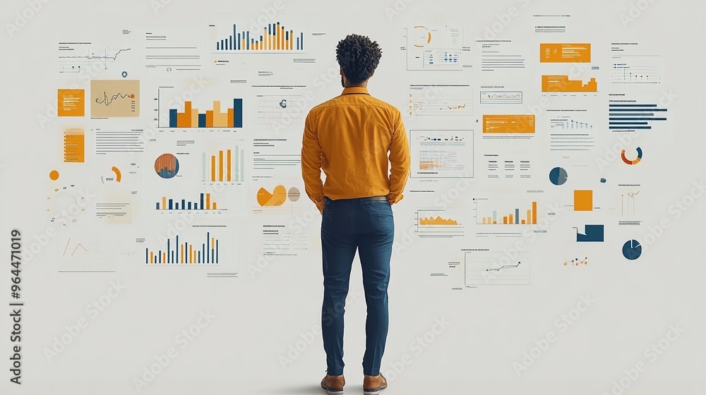 Poster data analyst examines interactive charts in a high-tech office environment