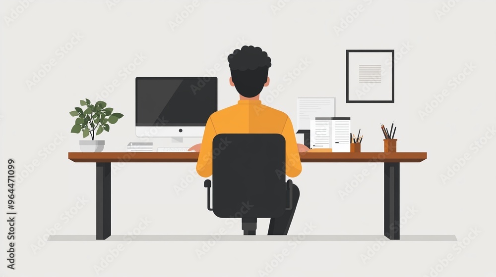 Poster illustration of man working at desk with computer in minimalist office setting