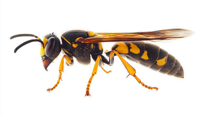 A German wasp, seen from the side, is shown against a white background. It's alive.