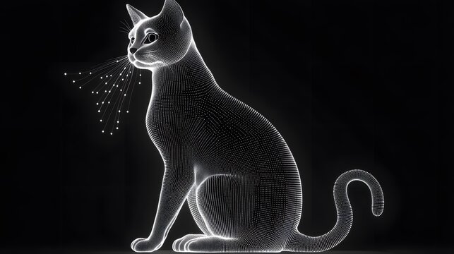 recommend clip art: Cat Posed in Dots and Lines: A sitting cat, with its entire body, tail, and whiskers created from a network of dots and smooth, curving lines.
                    