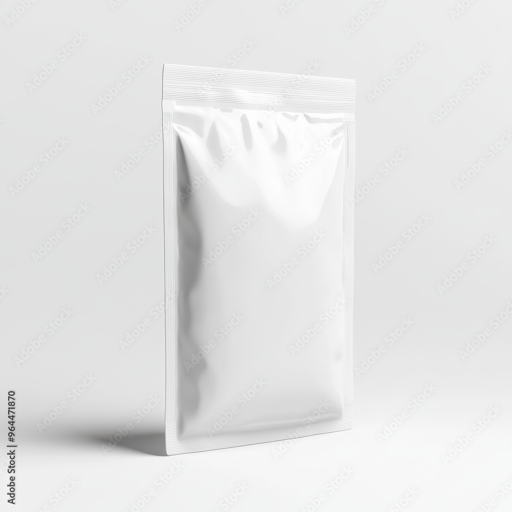 Poster a minimalistic 3d render of a blank white pouch standing upright with a ziplock closure, isolated on