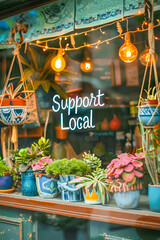 Fototapeta premium Decorated window shop with text Support Local
