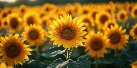 Fototapeta premium field of yellow sunflowers, autumn landscape, seasonal background, harvest, agriculture, flowers, fall, plants, nature, september, october, horizontal illustration, seeds, bloom, petals, growth