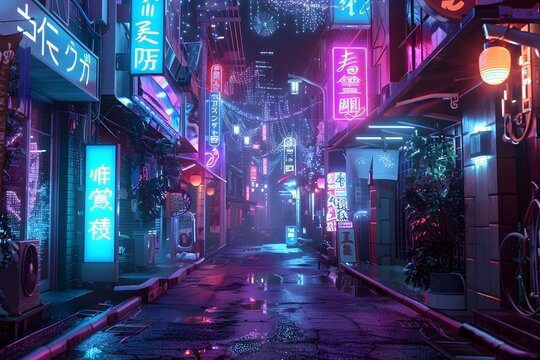 Dark street in cyberpunk city, gloomy alley with neon lighting