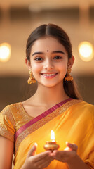 happy indian girl holding oil lamp on diwali festival