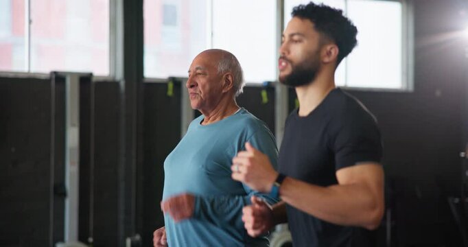 Gym, running and personal trainer with senior man for training, exercise and cardio for workout. Sports, endurance and coach with mature person for wellness, healthy body and fitness for mobility
