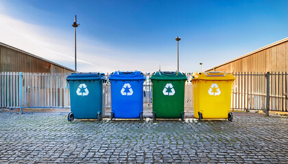 Three colorful recycling bins against a concrete wall under a clear sky