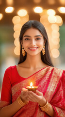 young indian woman holding oil lamp on diwali festival