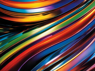 Colorful metallic and plastic ribbons and spheres in dynamic abstract compositions. Vivid colors and reflective surfaces create a visually striking 3D effect.