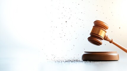 A wooden gavel strikes a block, with particles of dust flying up into the air.  The image is symbolic of law, justice and legal proceedings.