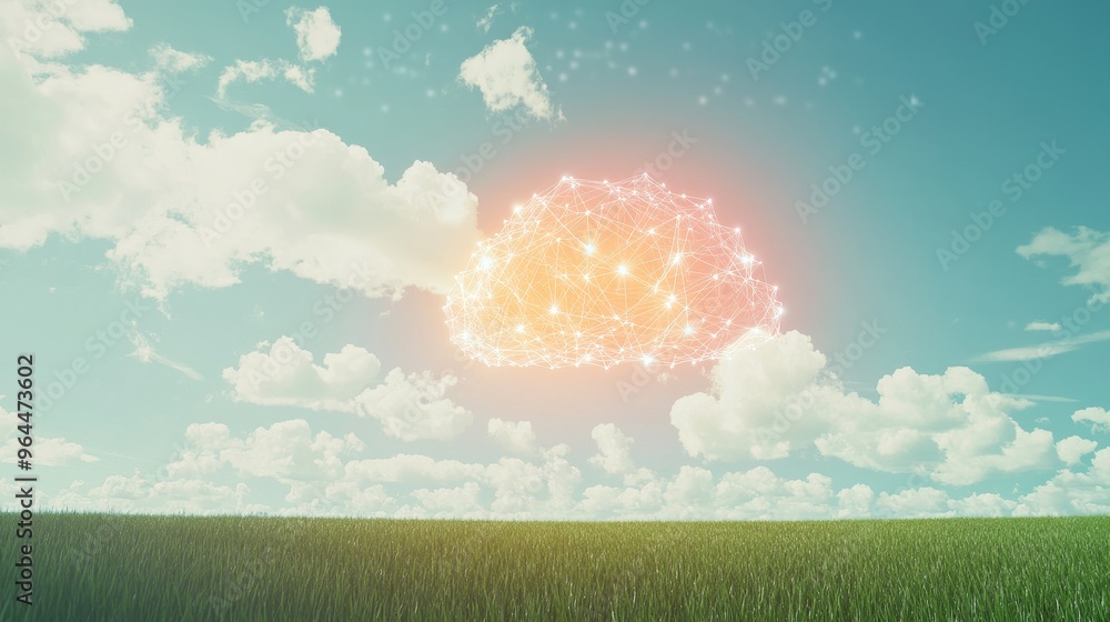 Poster abstract cloud computing concept visualized with connected glowing points over a meadow landscape, s