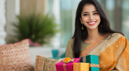 young indian woman holding gift box