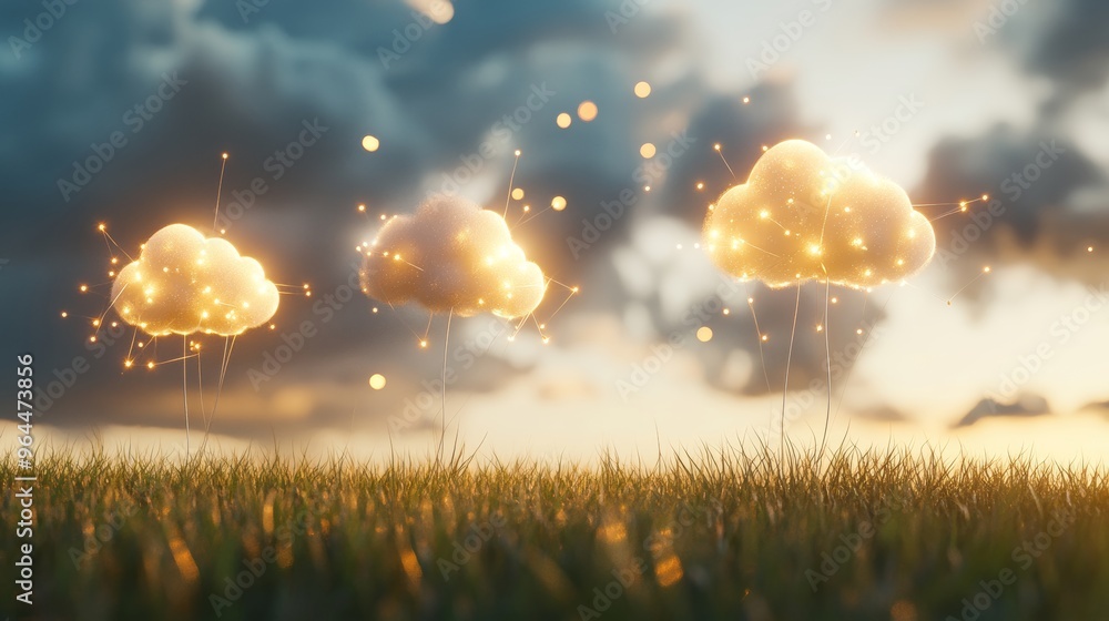 Aufkleber abstract cloud computing concept visualized with connected glowing points over a meadow landscape, s