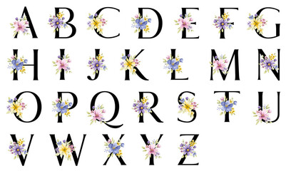 Letters set, floral alphabet with watercolor flowers and leaf. Monogram initials perfectly for wedding invitation, greeting card, logo, poster. Holiday decoration hand painting.