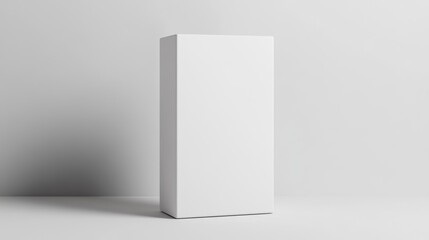 A plain white medicine box standing upright, with clean lines and a realistic soft shadow on a white surface