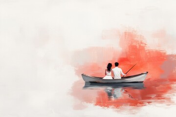 Fototapeta premium Romantic Couple in a Boat on a Serene Lake with Artistic Red and White Background