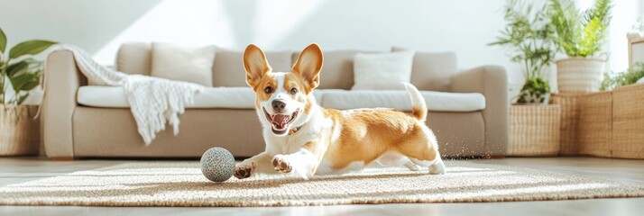 Fototapeta na wymiar A playful dog chasing a ball in a cozy indoor environment, with soft fur textures and bright, modern colors