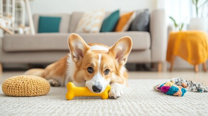 Fototapeta na wymiar A playful dog chewing on a toy bone in a cozy home, with bright, colorful pet accessories nearby