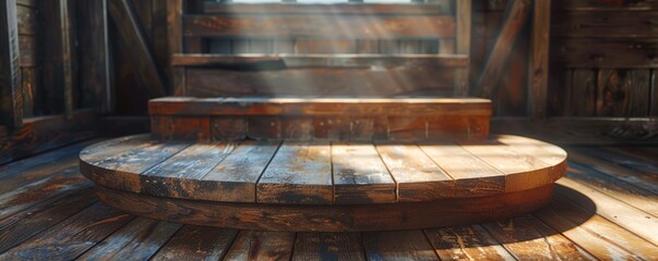 Rustic wooden podium with a natural finish, highlighted by warm, natural light.