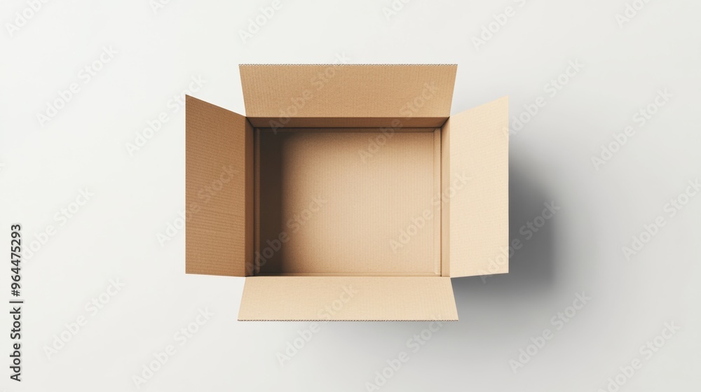 Poster a realistic rendering of an open cardboard box, viewed from a high angle, showing the interior and s