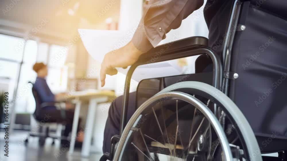 Poster close-up of a man in a wheelchair working on documents at his desk in a professional office setting.