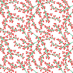 Vector seamless pattern of different small red berries, single and twigs. Rowan fetus, viburnum, blueberry, lingonberry, cranberry. Botanical texture isolated on white, hand drawn in doodle flat style