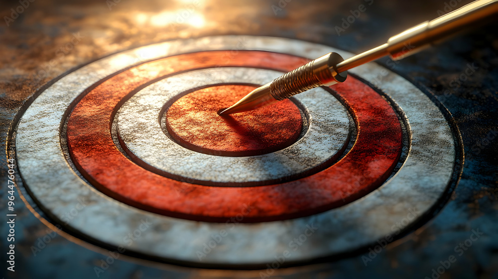 Poster a close-up of a dart hitting the center of a target, symbolizing precision and achievement.