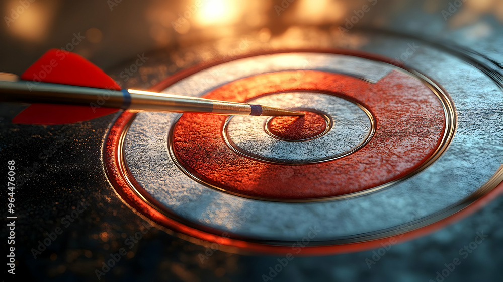 Poster a close-up of a dart hitting the center of a target, symbolizing precision and focus.