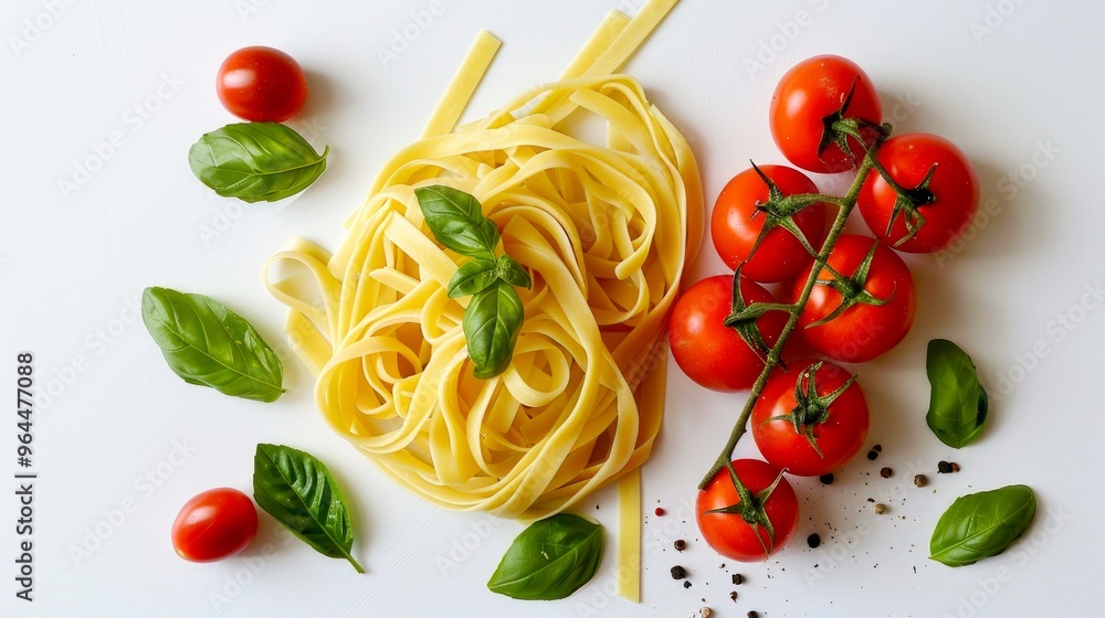 Sticker Delicious fettuccine pasta decorated with fresh basil and ripe cherry tomatoes. This vibrant image captures the essence of Italian cooking. Perfect for food lovers. AI